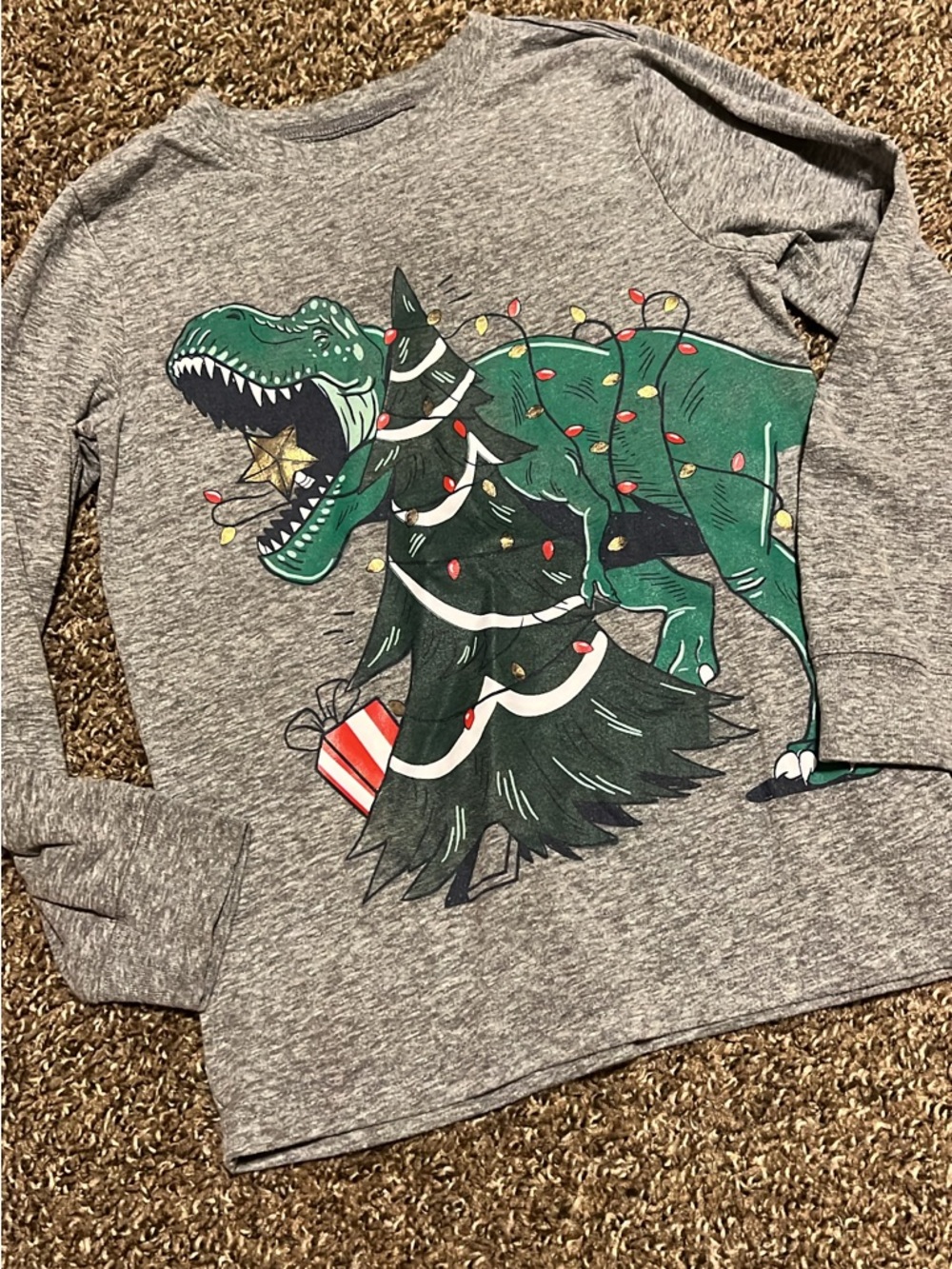 Carter's Gray Tee with Green Dinosaur and Christmas Tree Graphic